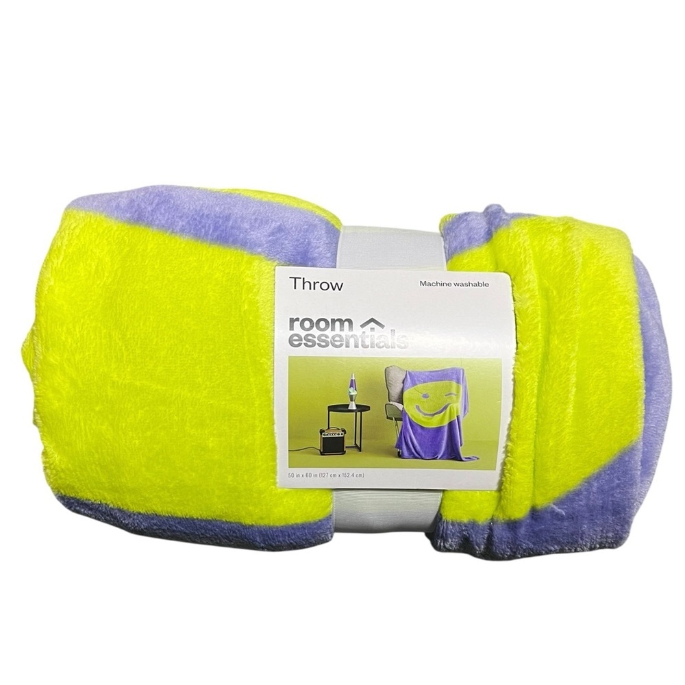 Room Essentials Yellow and Purple Smiley Face Throw. 50x60